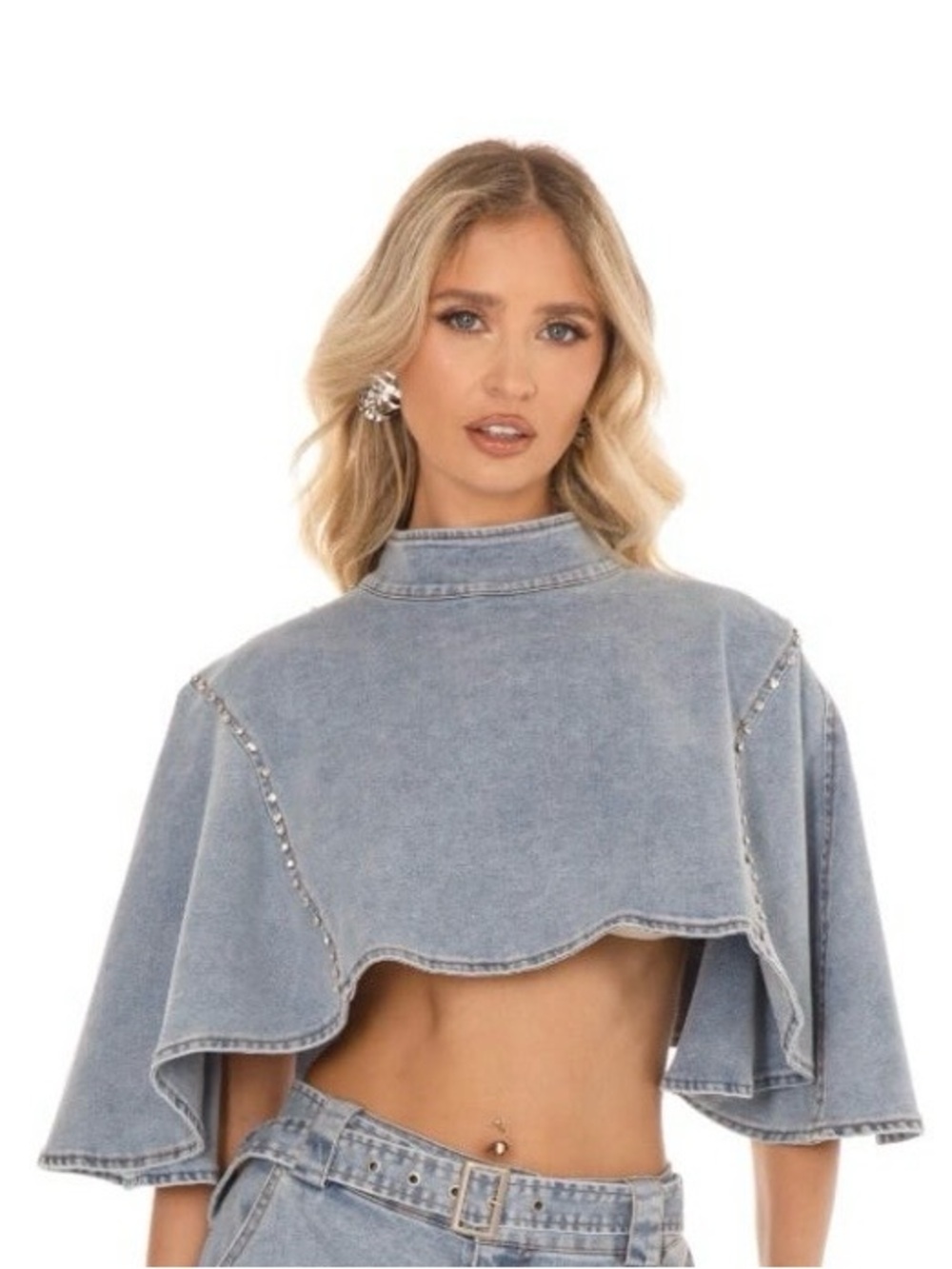 Washed Denim Cape Crop Top with Mock Neck | Chic Boutique Statement Top